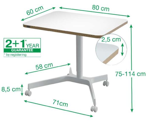 Výškově stavitelný stůl Leitz Ergo, 80 cm - pneumatický, bílý