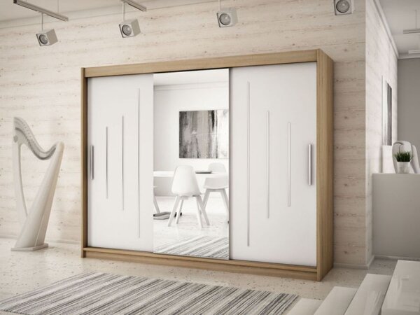 Šatní skříň se zrcadlem ANNA - šířka 250 cm, dub sonoma / bílá