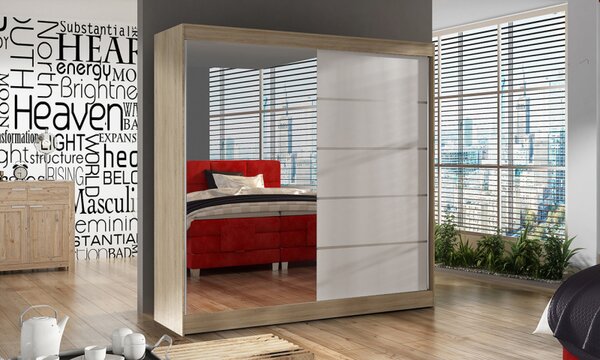 Elegantní šatní skříň 200 BULAN III, dub Sonoma s bílými dveřmi a zrcadlem