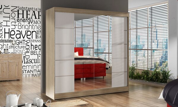 Praktická šatní skříň do ložnice 200 BULAN V, dub Sonoma s bílými dveřmi a zrcadlem