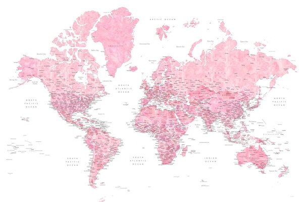 Mapa Detailed pink watercolor world map, Damla, Blursbyai, (40 x 26.7 cm)