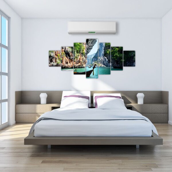 Obraz dlouhé lodi na pláži (210x100 cm)