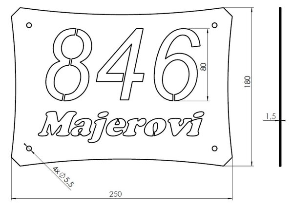 Domovní číslo tabulka lakovaná 1 Odstín: RAL 7016 - Antracit