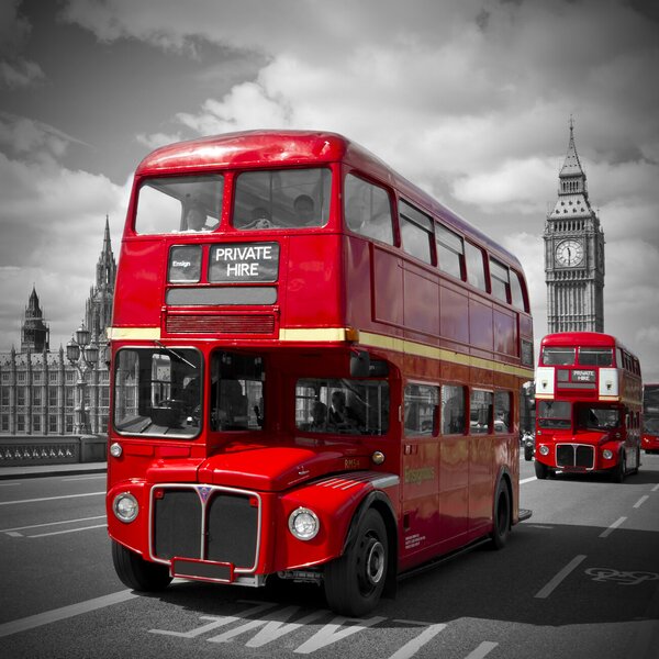 Umělecký tisk LONDON Red Buses on Westminster Bridge, Melanie Viola, (40 x 40 cm)