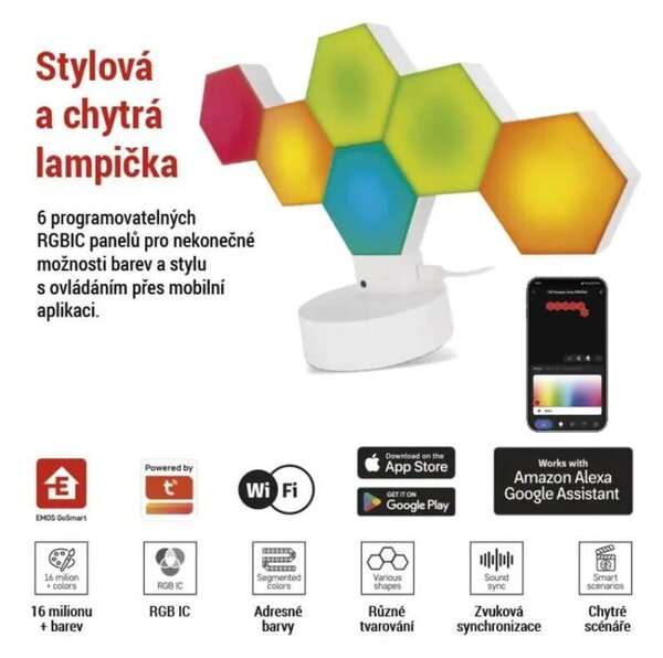 Emos ZIW426R GO SMART - LED RGB LED stolní lampa Hexagon bílá, 6 dílů, stmívatelná, WiFi, 5,5W (Chytrá LED stolní lampička)