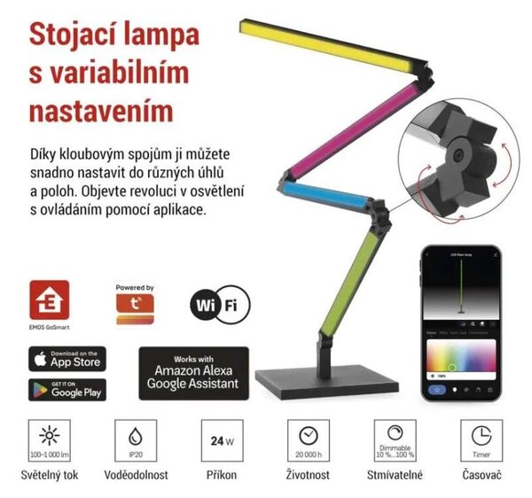 Emos ZCW34BR GO SMART - LED RGB stojací lampa v černé barvě, ovládání mobilní aplikací, LED 24W, max 175cm (Chytrá LED stojací lampa )