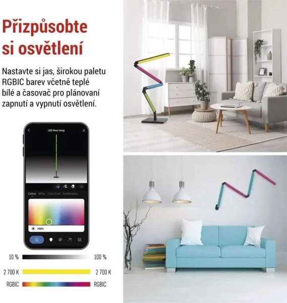 Emos ZCW34BR GO SMART - LED RGB stojací lampa v černé barvě, ovládání mobilní aplikací, LED 24W, max 175cm (Chytrá LED stojací lampa )