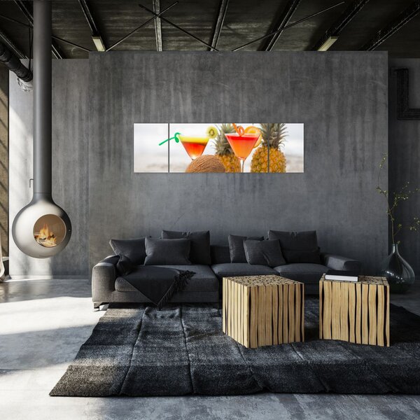 Obraz ananasů a sklenic na pláži (170x50 cm)