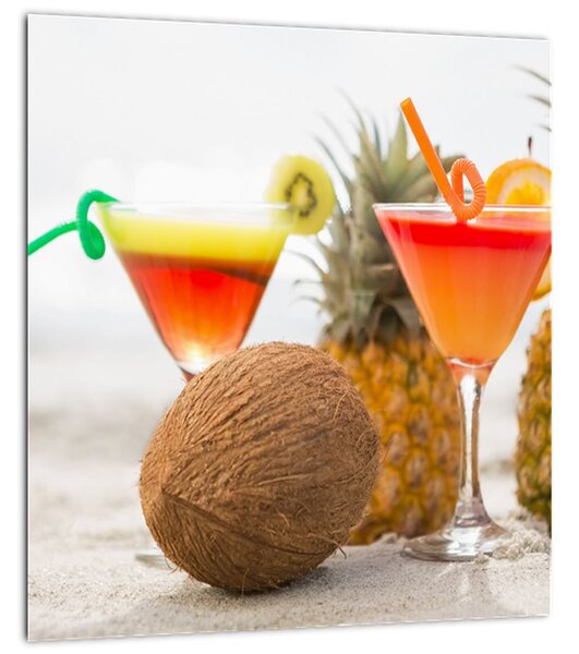 Obraz ananasů a sklenic na pláži (30x30 cm)