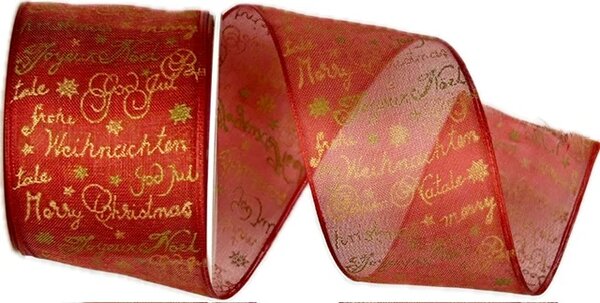 Stuha vánoční organzová CHRISTMAS FONT RED červená 40mm x 2m (15,-Kč/m)