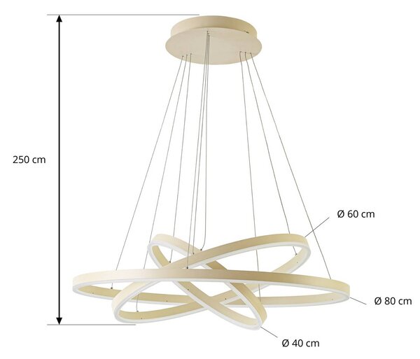 Arcchio Závěsné světlo Albiona, béžové, 3 kruhy, Ø 80 cm, stmívatelný, Krémová / jantar, kov, Moderní