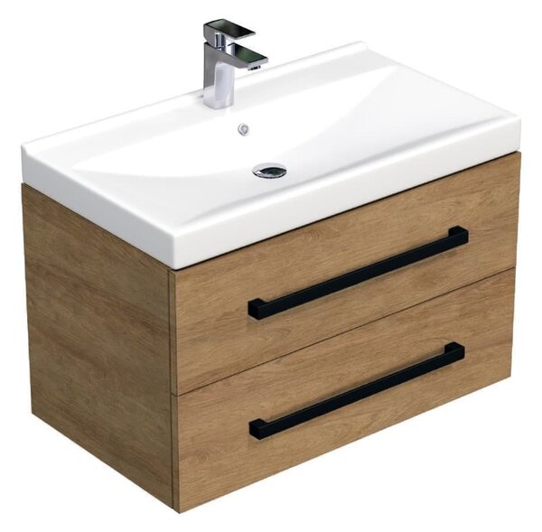 Koupelnová skříňka s černou úchytkou a umyvadlem SAT Cube Way 80x47,5x46 cm dub Hickory mat CUBE46C802DHVER