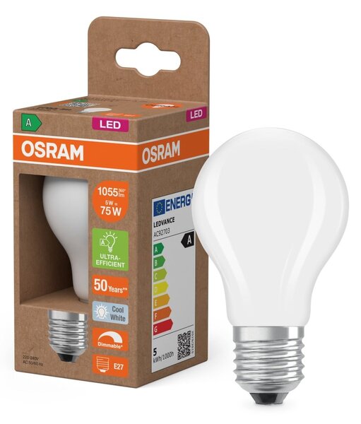 Matná LED žárovka E27 5 W CLASSIC A, studená bílá, náhrada 75 W