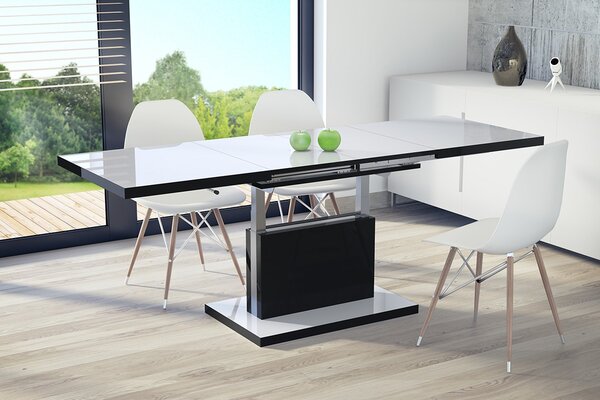 ASTON bílý lesk/černý lesk, rozkládací, zvedací konferenční stolek, černobílý - 80 cm