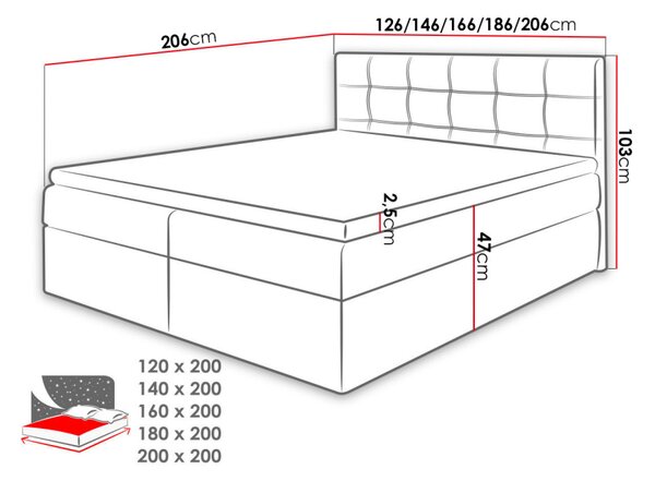 Boxspringová manželská postel 180x200 CLARA - světlá šedá + topper ZDARMA