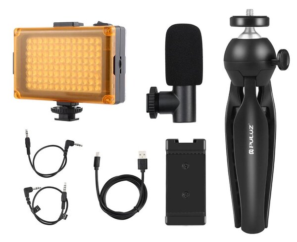 Sada pro živé vysílání Puluz držák na stativ + LED lampa + mikrofon + svorka na telefon