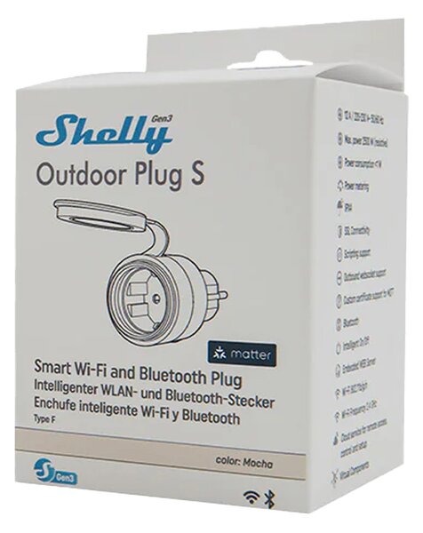 Chytrá venkovní zásuvka Shelly Plug S MTR Gen3 IP44 12A