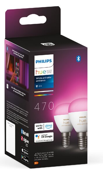 HUE SET 2x WACA LED Luster žárovka E14 5,1W 470lm K IP20, stmívatelné