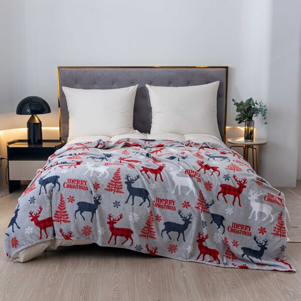 Vánoční mikroplyšová deka MERRY CHRISTMAS DEER šedá Rozměr: 200 x 220 cm