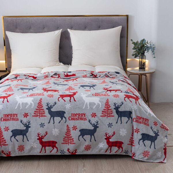 Vánoční mikroplyšová deka MERRY CHRISTMAS DEER šedá Rozměr: 200 x 220 cm