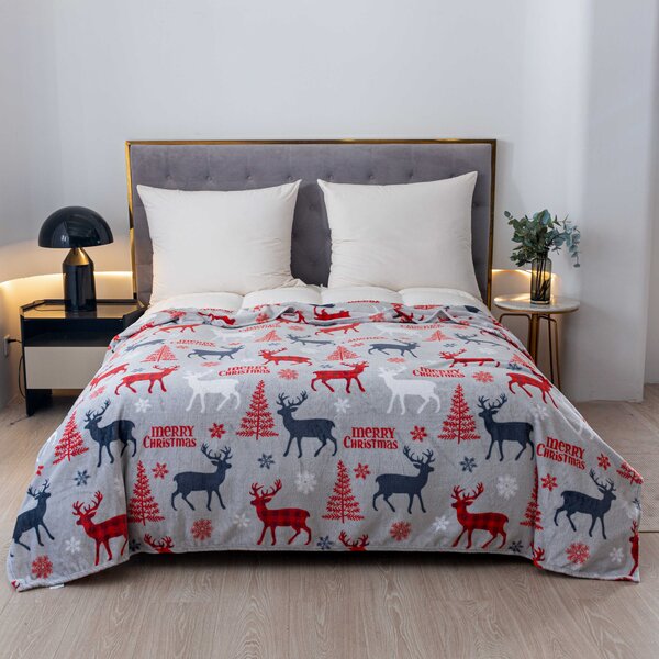 Vánoční mikroplyšová deka MERRY CHRISTMAS DEER šedá Rozměr: 200 x 220 cm