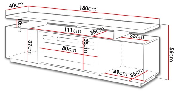 Televizní stolek s krbem a LED osvětlením SALTA - lesklý černý / černý