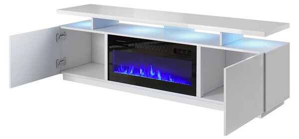 Televizní stolek s krbem a LED osvětlením SALTA - lesklý černý / černý
