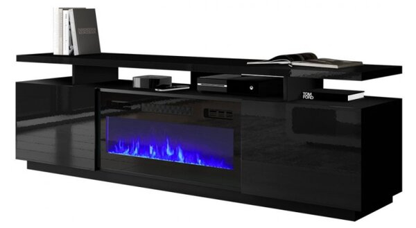 Televizní stolek s krbem a LED osvětlením SALTA - lesklý černý / černý