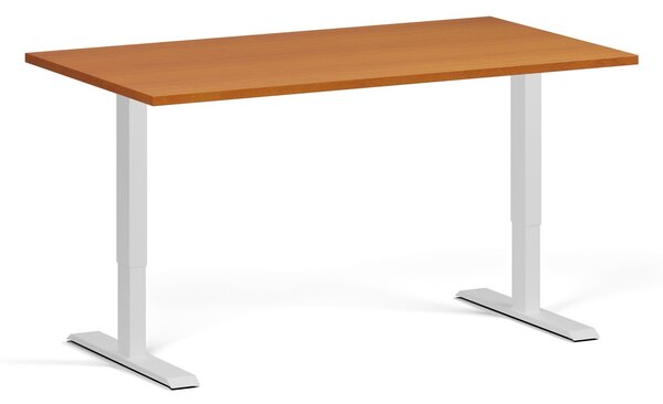 Výškově nastavitelný stůl, 140x80 cm, 1 motor, bílá podnož, třešeň