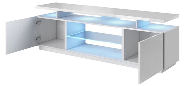 TV stolek s LED bílým osvětlením SALTA - černý / lesklý černý