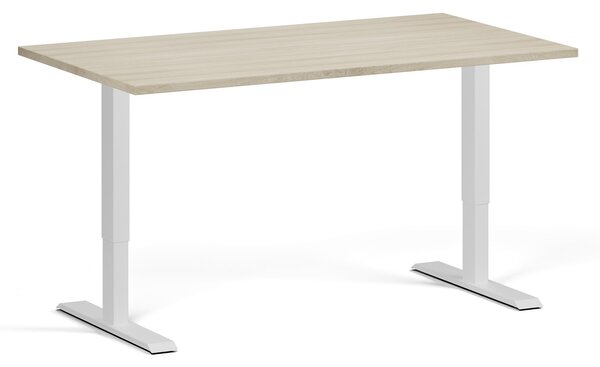 Výškově nastavitelný stůl, 140x80 cm, 1 motor, bílá podnož, dub přírodní