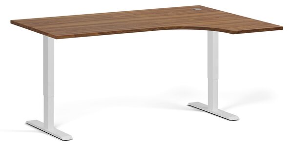 Rohový výškově nastavitelný stůl, 160x120 cm, 1 motor, L/P, bílá podnož, ořech