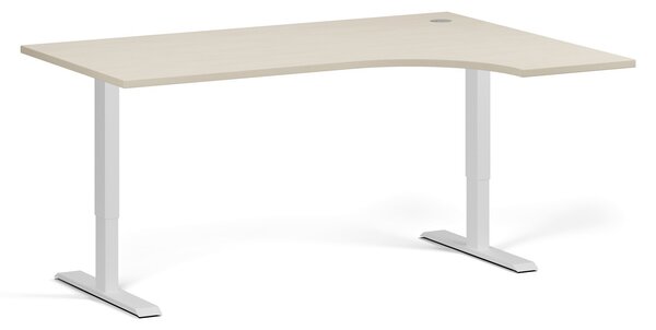 Rohový výškově nastavitelný stůl, 160x120 cm, 1 motor, L/P, bílá podnož, bříza