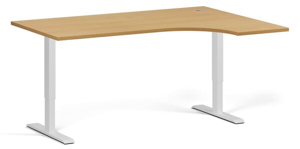 Rohový výškově nastavitelný stůl, 160x120 cm, 1 motor, L/P, bílá podnož, buk