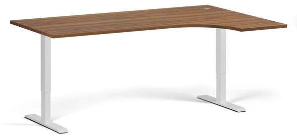 Rohový výškově nastavitelný stůl, 180x120 cm, 1 motor, L/P, bílá podnož, ořech