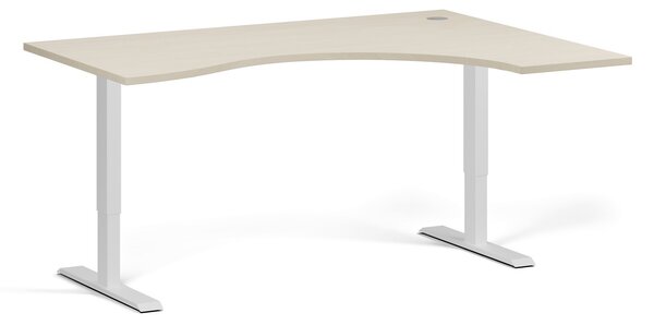 Ergonomický výškově nastavitelný stůl, 160x120 cm, 1 motor, L/P, bílá podnož, bříza