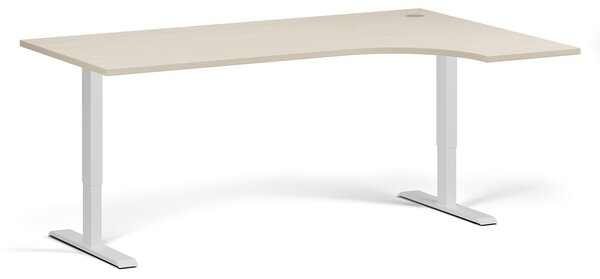 Rohový výškově nastavitelný stůl, 180x120 cm, 1 motor, L/P, bílá podnož, bříza