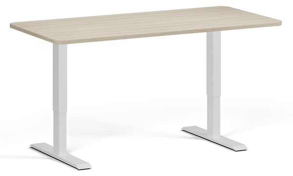 Polohovací stůl se zaoblenými rohy, 160x80 cm, 1 motor, bílá podnož, dub přírodní