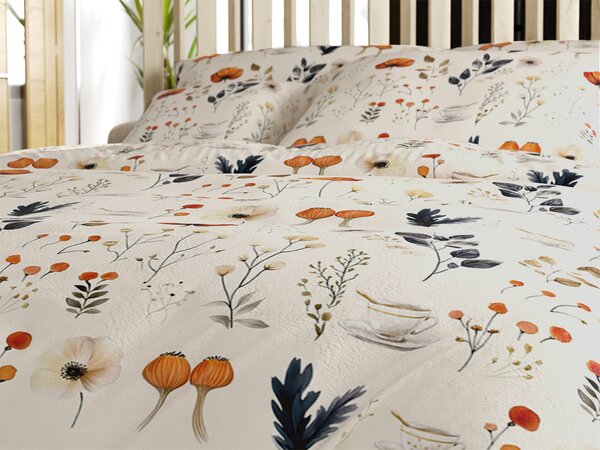 Sada mikroplyšového povlečení PAPAVA krémové + prostěradlo mikroplyš SOFT 180x200 cm bílé, dvoulůžko