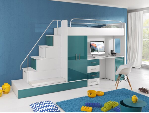 Dětská multifunkční patrová postel s roštem 80x200 GORT - bílá / tyrkysová