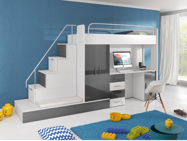 Dětská multifunkční patrová postel 80x200 GORT - bílá / šedá