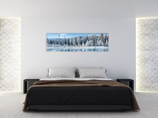 Obraz zamrzlého jezera a zasněžených stromů (170x50 cm)