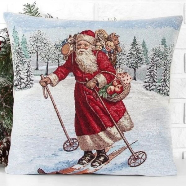 Gobelínový vánoční povlak na polštář s motivem Santa na lyžích 45x45 cm