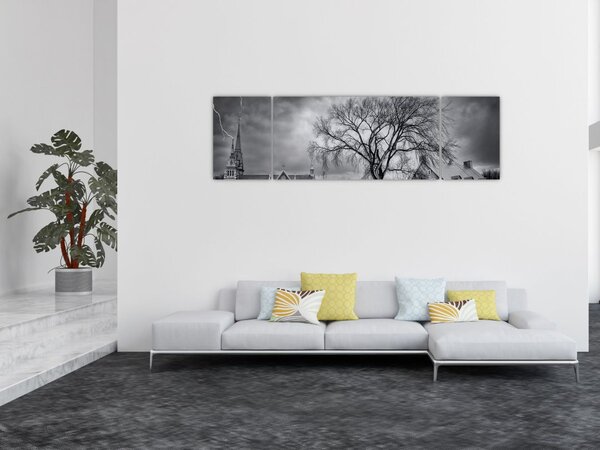 Obraz černobílé vesnice (170x50 cm)