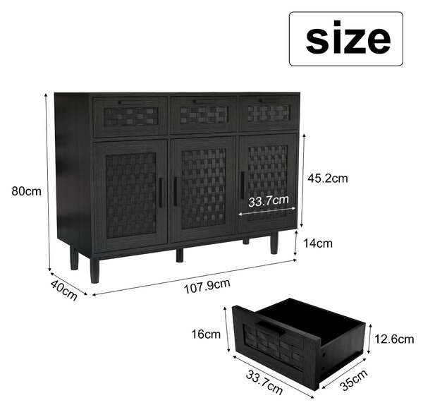 UnboxG Černá komoda z dřevěného kompozitu s designem imitujícím PVC ratan, moderní úložná skříňka s dvířky a zásuvkami do obývacího pokoje a jídelny