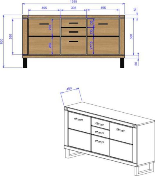 Massivo.cz Komoda Cromo 3s/2d — dub, 158,5 × 82 × 40 cm