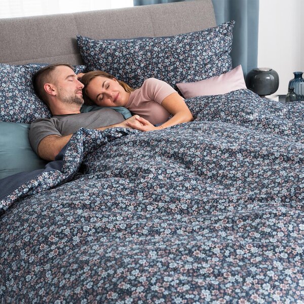 Povlečení SATÉN DESIGN kvítka+proužky tmavě modrá 140 x 200/70 x 90 cm