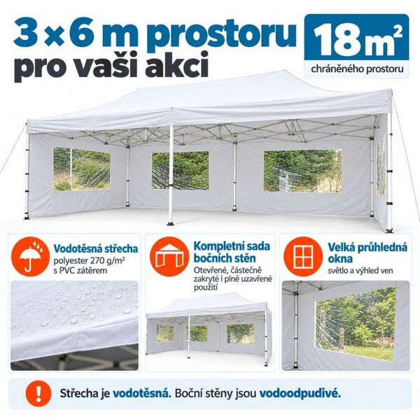 Nůžkový párty stan 3 × 6 m s bočními stěnami, bílý