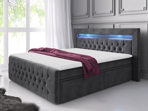 Boxspringová postel s LED osvětlením a dvěma šuplíky 180x200 DELBIN - šedá + topper ZDARMA