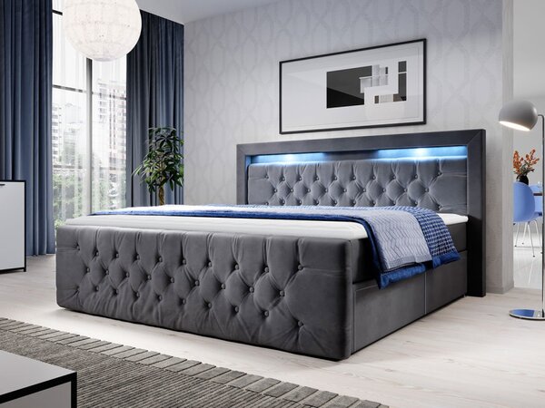 Boxspringová postel s LED osvětlením a dvěma šuplíky 180x200 DELBIN - šedá + topper ZDARMA